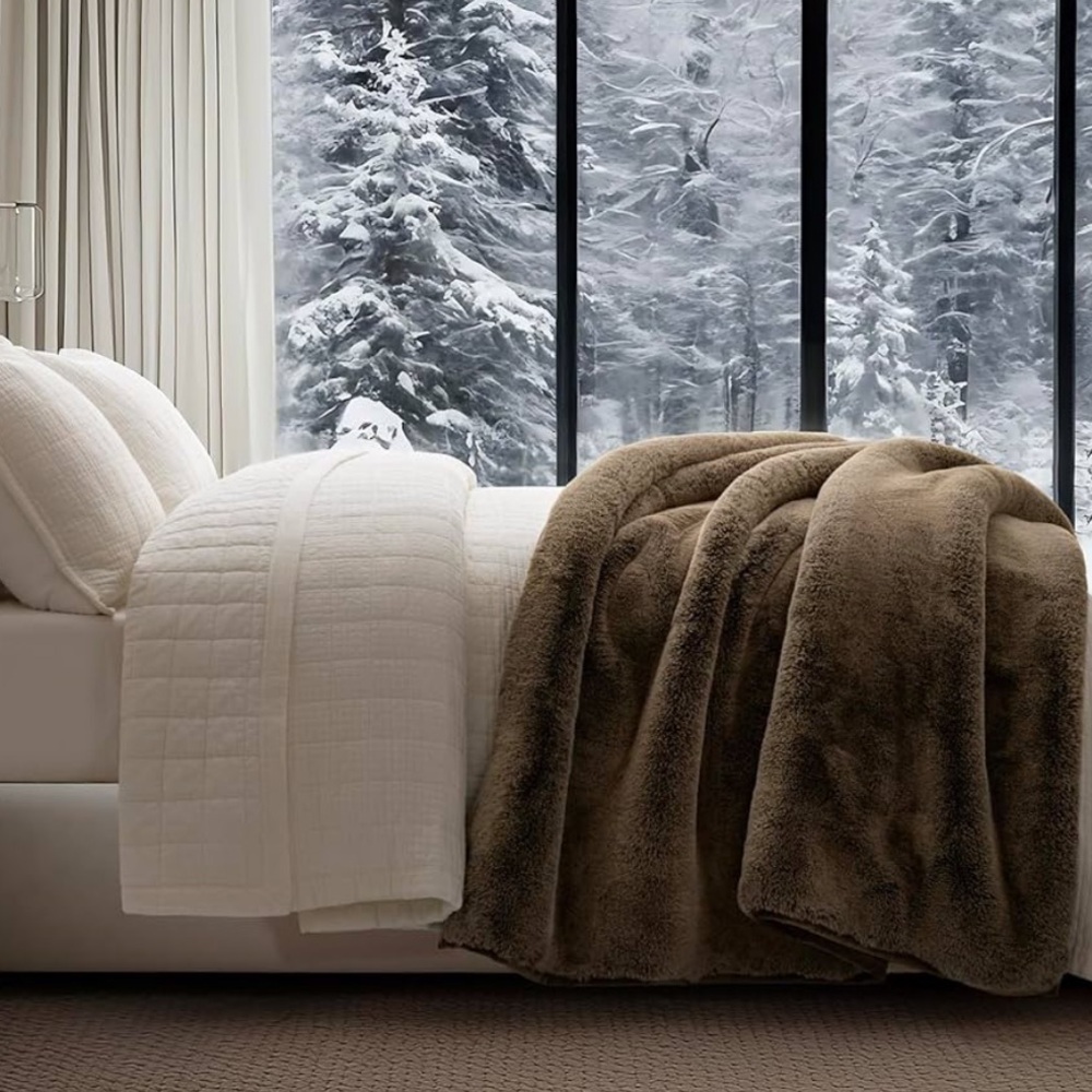 🆕 PB Style Mocha Faux Mink Rabbit Fur Throw Velvet Bedding Quilt Brown Coffee